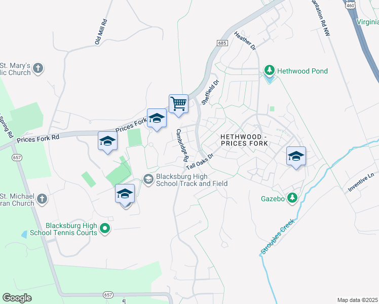 map of restaurants, bars, coffee shops, grocery stores, and more near 620 Cambridge Road in Blacksburg