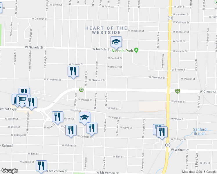 map of restaurants, bars, coffee shops, grocery stores, and more near 622 North Park Avenue in Springfield