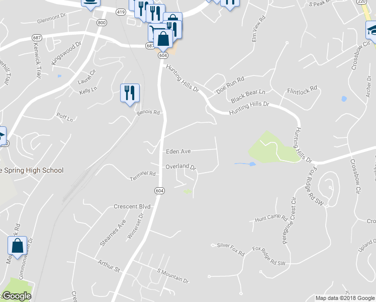 map of restaurants, bars, coffee shops, grocery stores, and more near 5256 Eden Avenue in Cave Spring