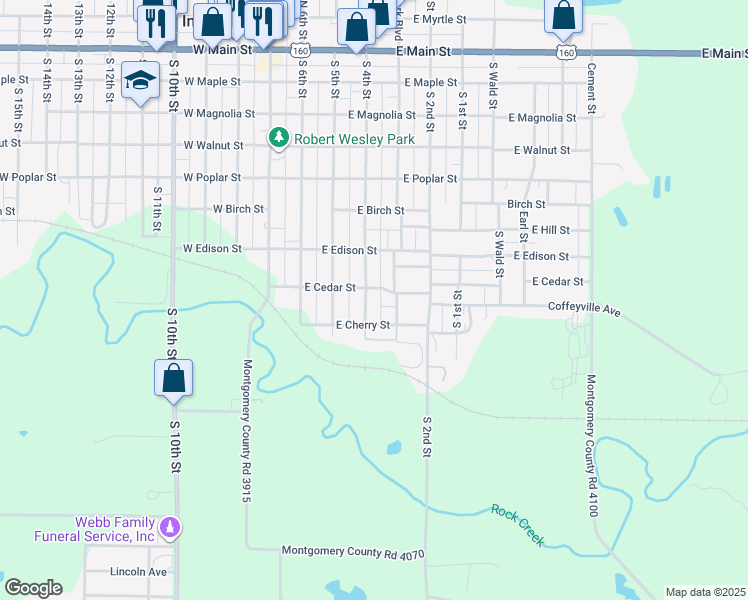 map of restaurants, bars, coffee shops, grocery stores, and more near 353-399 East Cedar Street in Independence