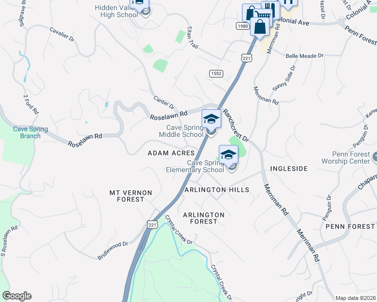 map of restaurants, bars, coffee shops, grocery stores, and more near 5048-5060 Rosecrest Rd SW in Cave Spring