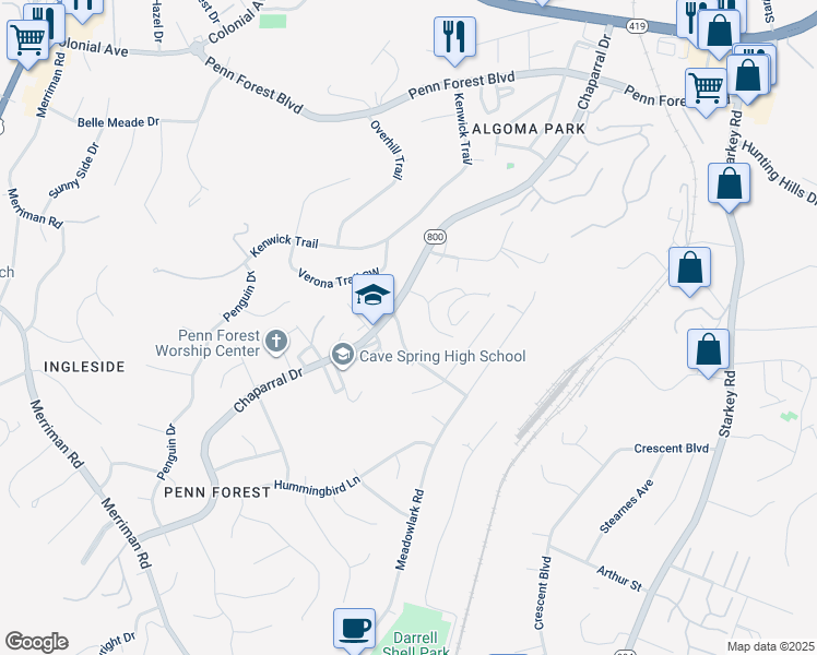 map of restaurants, bars, coffee shops, grocery stores, and more near 2931 Woodthrush Drive in Cave Spring