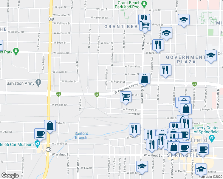 map of restaurants, bars, coffee shops, grocery stores, and more near 636 North Missouri Avenue in Springfield