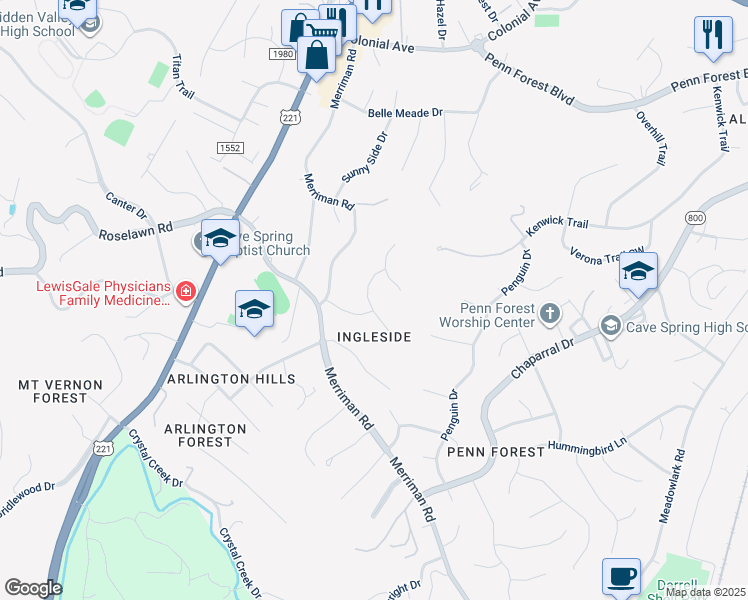 map of restaurants, bars, coffee shops, grocery stores, and more near 5384 Snow Owl Drive in Cave Spring