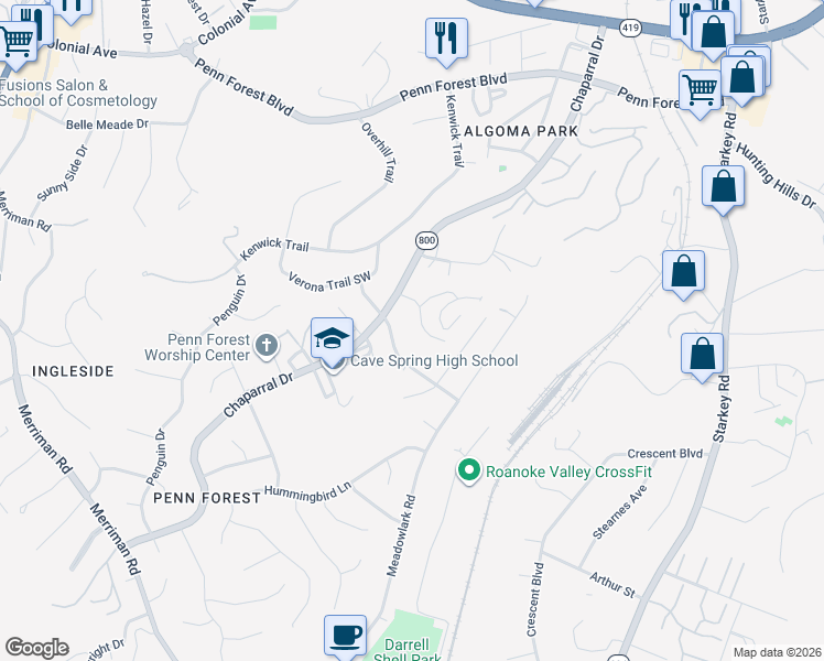 map of restaurants, bars, coffee shops, grocery stores, and more near 2946 Tree Swallow Road in Roanoke