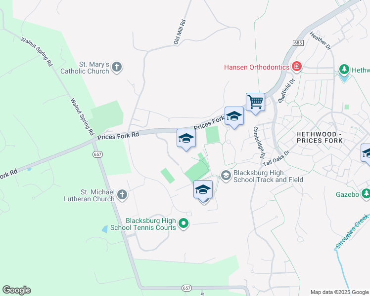 map of restaurants, bars, coffee shops, grocery stores, and more near 3109 Prices Fork Road in Blacksburg