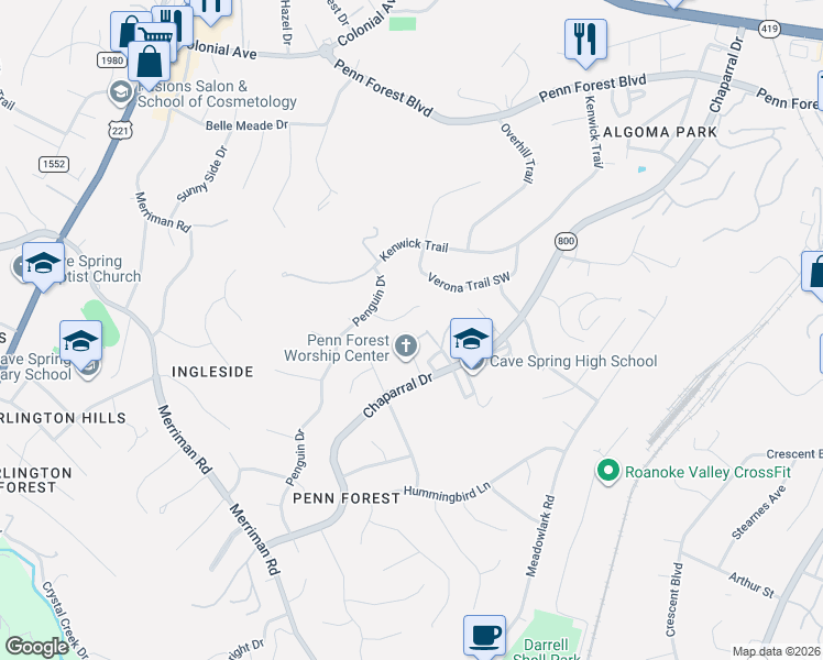 map of restaurants, bars, coffee shops, grocery stores, and more near 4058 Snow Goose Cir in Roanoke