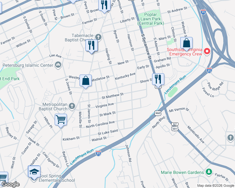 map of restaurants, bars, coffee shops, grocery stores, and more near 820 Harding Street in Petersburg