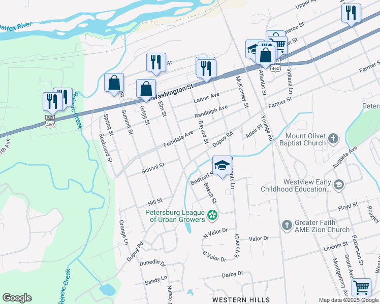 map of restaurants, bars, coffee shops, grocery stores, and more near 1846 Stuart Avenue in Petersburg