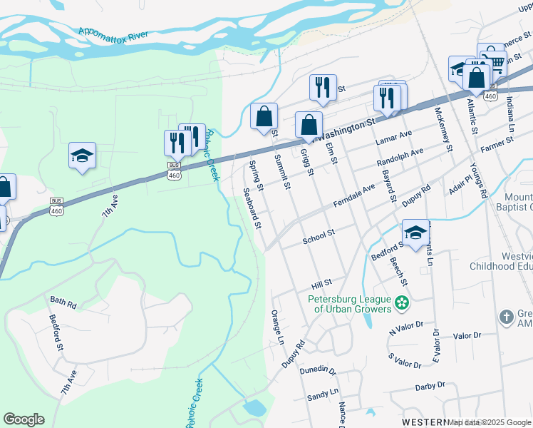 map of restaurants, bars, coffee shops, grocery stores, and more near 136 Spring Street in Petersburg
