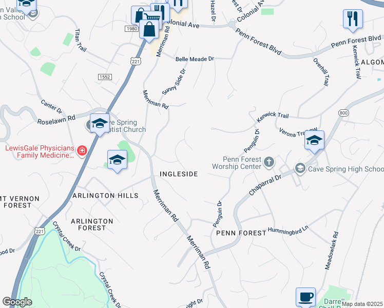 map of restaurants, bars, coffee shops, grocery stores, and more near 5331 Golden Eagle Lane in Cave Spring