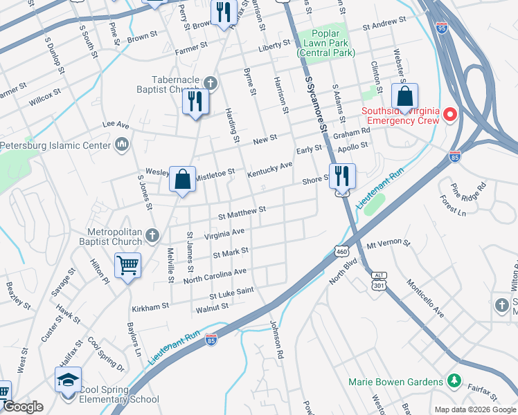 map of restaurants, bars, coffee shops, grocery stores, and more near 239 Saint Matthew Street in Petersburg