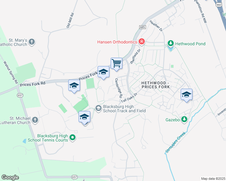 map of restaurants, bars, coffee shops, grocery stores, and more near 2815 Newton Court in Blacksburg