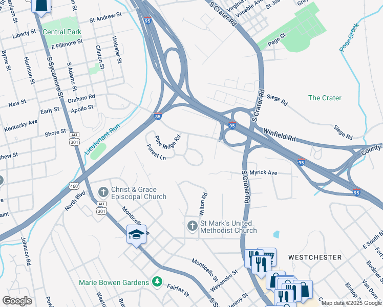 map of restaurants, bars, coffee shops, grocery stores, and more near 510 North Azalea Road in Petersburg