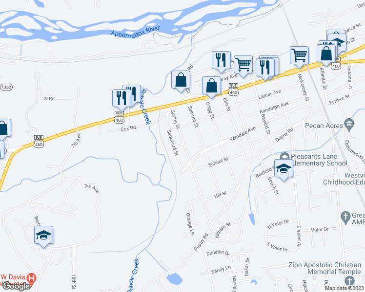 map of restaurants, bars, coffee shops, grocery stores, and more near 134 Spring Street in Petersburg