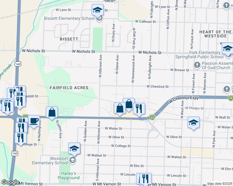 map of restaurants, bars, coffee shops, grocery stores, and more near 636 North Glenn Avenue in Springfield