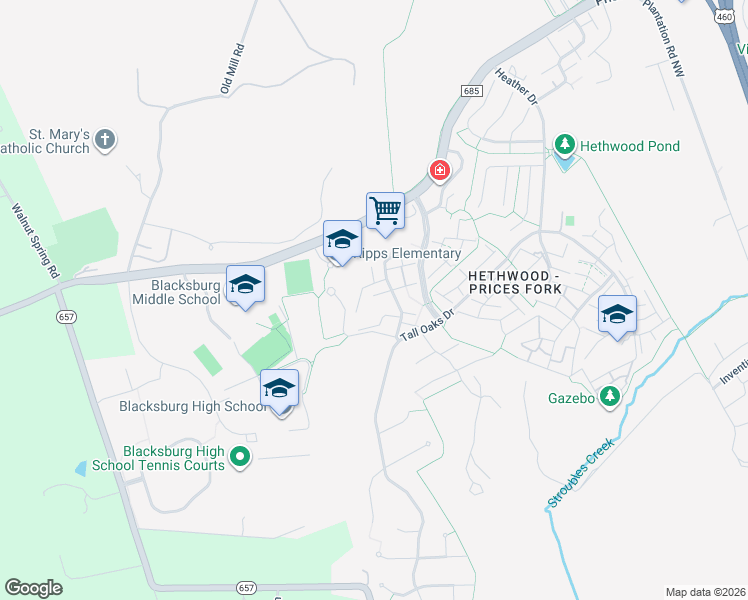 map of restaurants, bars, coffee shops, grocery stores, and more near 2815 Newton Court in Blacksburg
