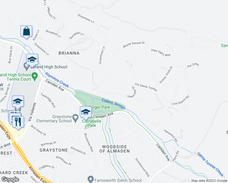 map of restaurants, bars, coffee shops, grocery stores, and more near 20239 Viewcrest Drive in San Jose