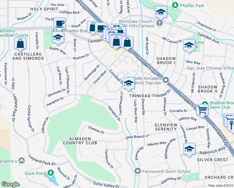 map of restaurants, bars, coffee shops, grocery stores, and more near 1148 Lone Pine Lane in San Jose