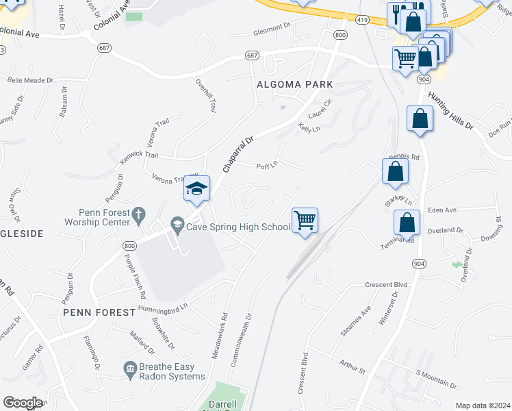 map of restaurants, bars, coffee shops, grocery stores, and more near 3366 Forest Court in Cave Spring