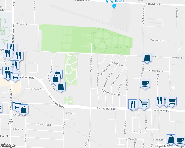 map of restaurants, bars, coffee shops, grocery stores, and more near 734 North Patterson Avenue in Springfield
