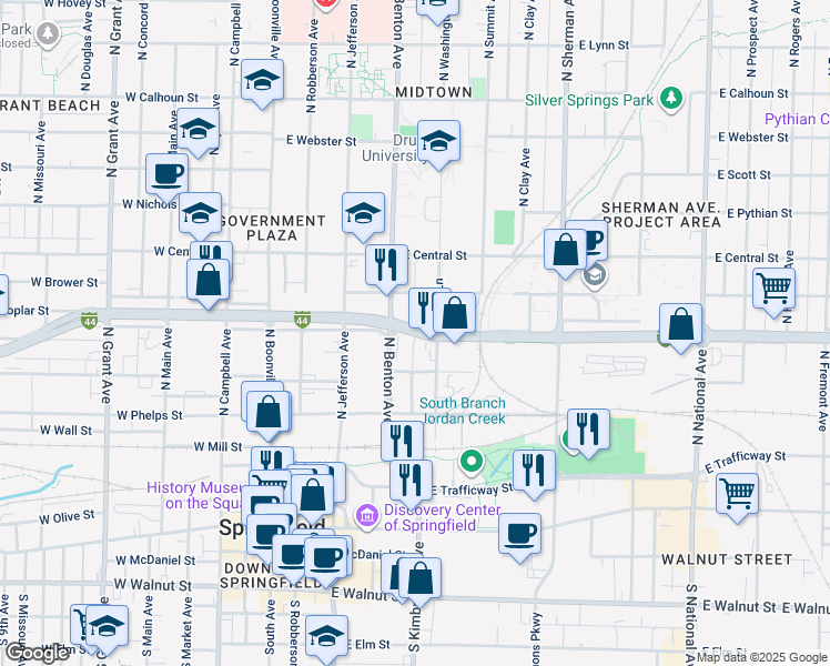 map of restaurants, bars, coffee shops, grocery stores, and more near 549 East Chestnut Street in Springfield
