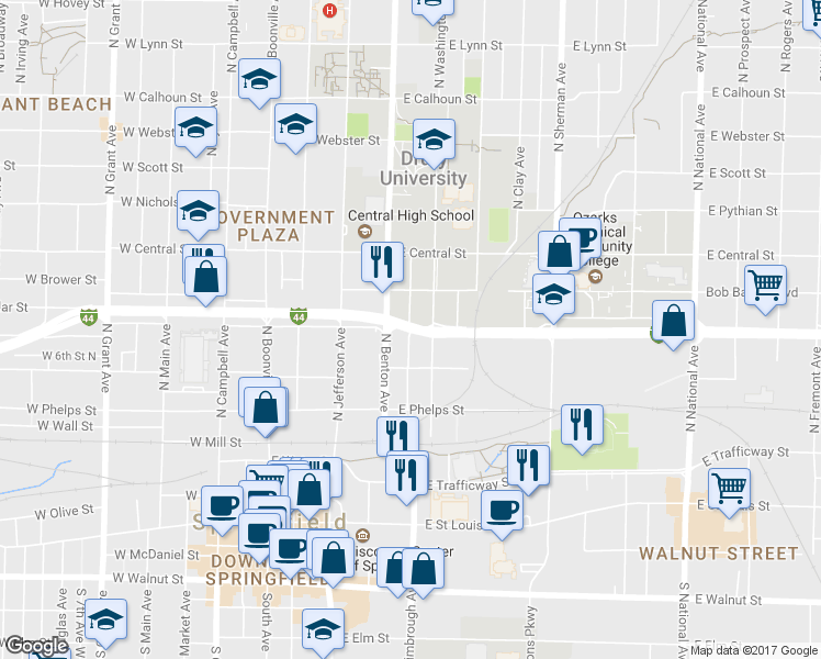 map of restaurants, bars, coffee shops, grocery stores, and more near East Chestnut Expressway in Springfield
