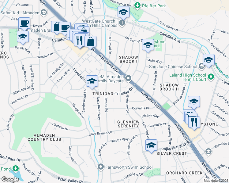 map of restaurants, bars, coffee shops, grocery stores, and more near 6698 Trinidad Drive in San Jose