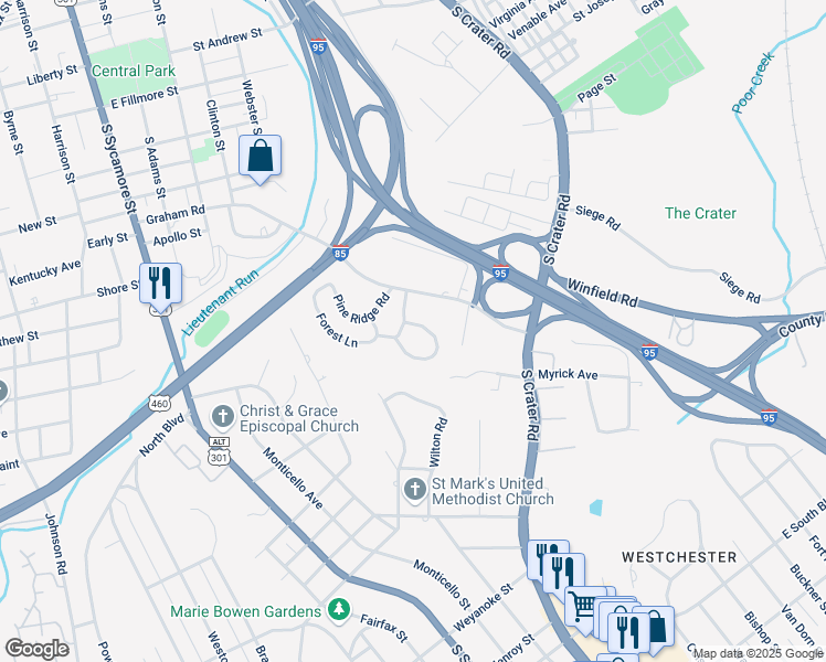 map of restaurants, bars, coffee shops, grocery stores, and more near 510 North Azalea Road in Petersburg