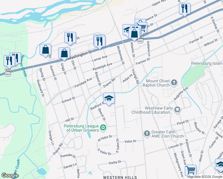 map of restaurants, bars, coffee shops, grocery stores, and more near 330 Pleasants Lane in Petersburg