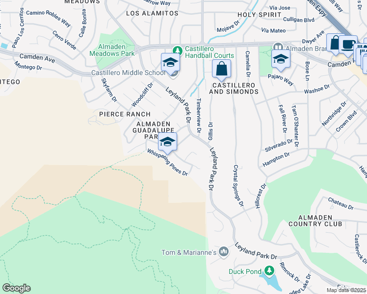 map of restaurants, bars, coffee shops, grocery stores, and more near 1390 Pierce Ranch Road in San Jose