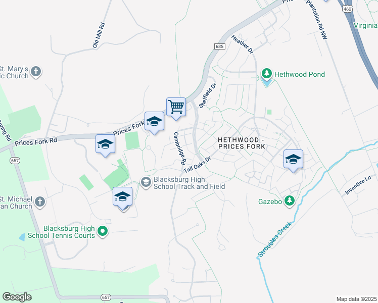 map of restaurants, bars, coffee shops, grocery stores, and more near 620 Cambridge Road in Blacksburg