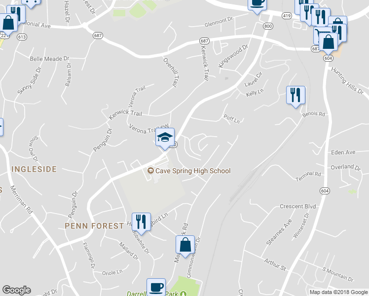 map of restaurants, bars, coffee shops, grocery stores, and more near 2973 Tree Swallow Road in Cave Spring