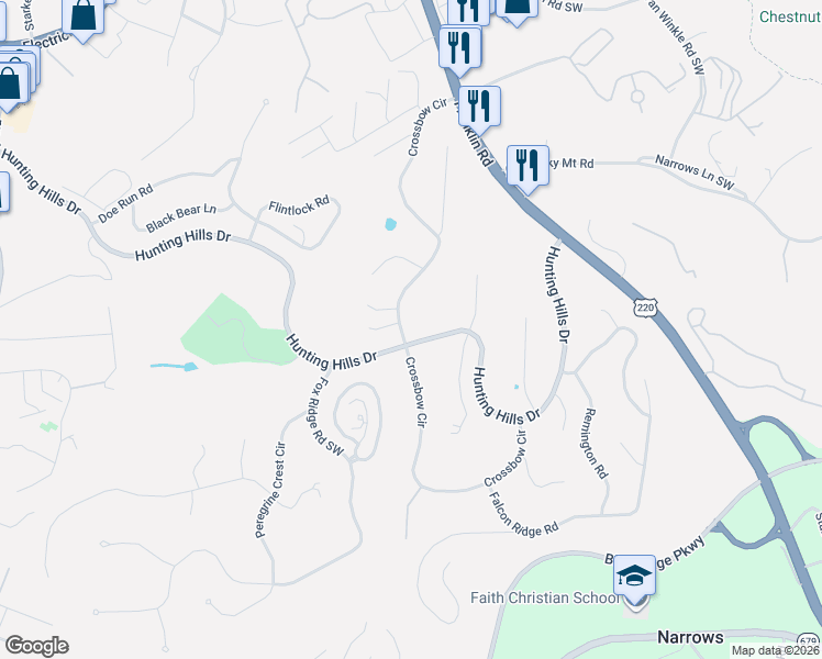 map of restaurants, bars, coffee shops, grocery stores, and more near 5027 Hunting Hills Dr in Roanoke
