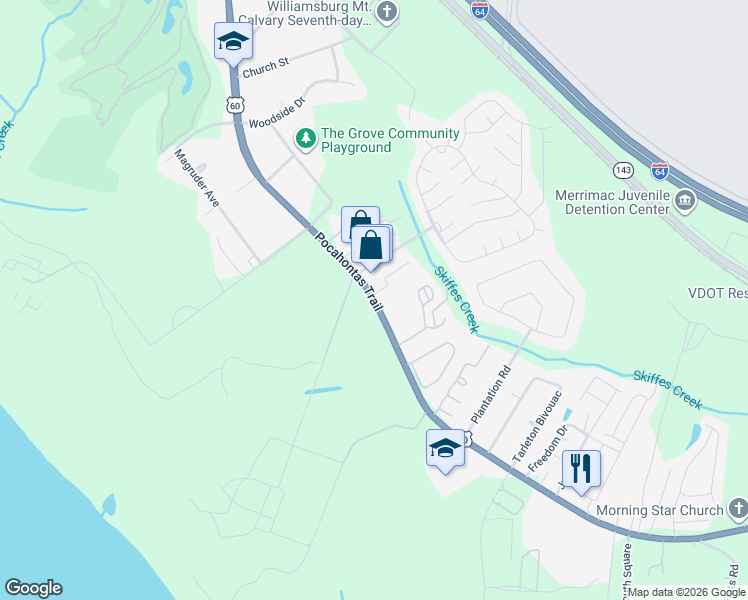 map of restaurants, bars, coffee shops, grocery stores, and more near 8789 Pocahontas Trail in Williamsburg