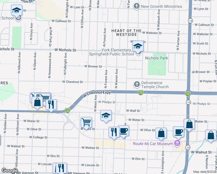 map of restaurants, bars, coffee shops, grocery stores, and more near 620 North Forest Avenue in Springfield