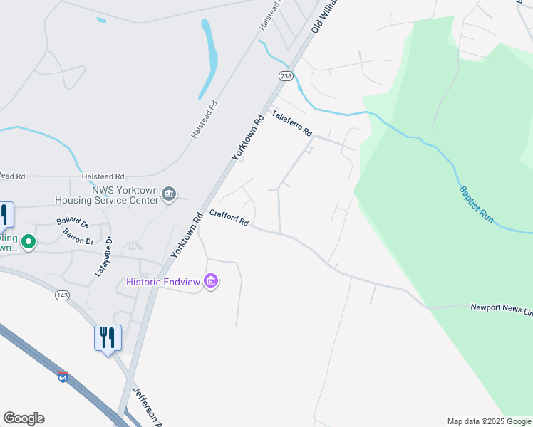 map of restaurants, bars, coffee shops, grocery stores, and more near 91 Crafford Road in Newport News