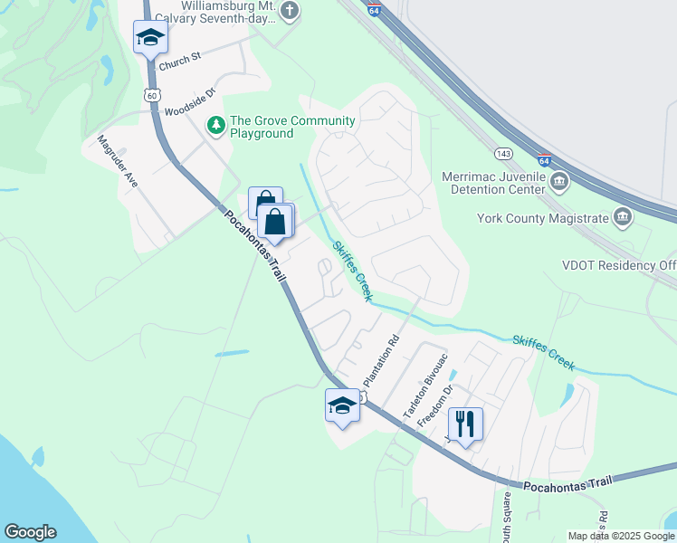map of restaurants, bars, coffee shops, grocery stores, and more near 8810 Pocahontas Trail in Williamsburg