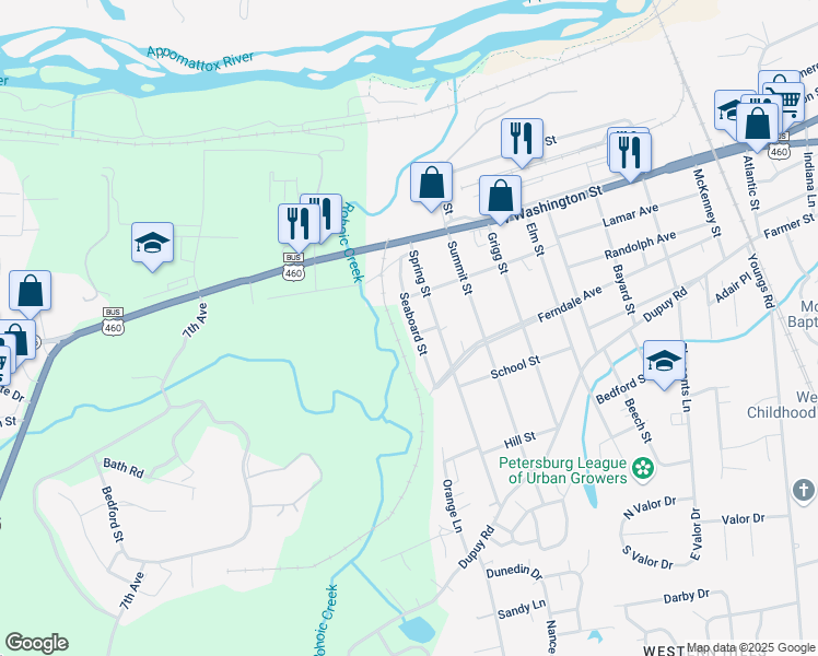 map of restaurants, bars, coffee shops, grocery stores, and more near 124 Seaboard Street in Petersburg