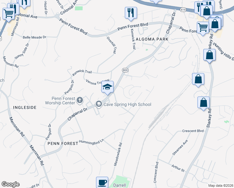 map of restaurants, bars, coffee shops, grocery stores, and more near 2944 Woodthrush Dr in Roanoke