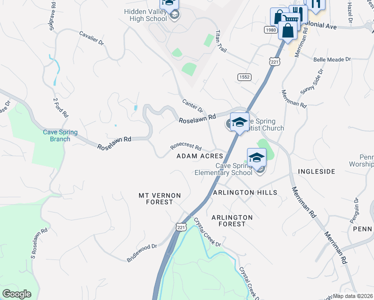 map of restaurants, bars, coffee shops, grocery stores, and more near 4508 Rosecrest Road in Cave Spring