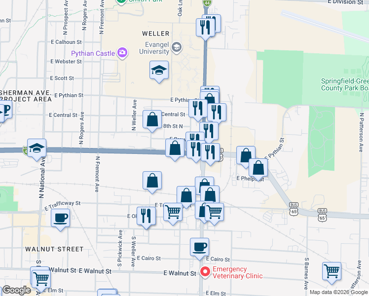map of restaurants, bars, coffee shops, grocery stores, and more near 1665 East Chestnut Street in Springfield