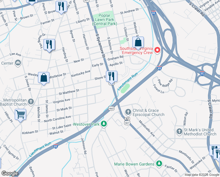 map of restaurants, bars, coffee shops, grocery stores, and more near 960 South Sycamore Street in Petersburg