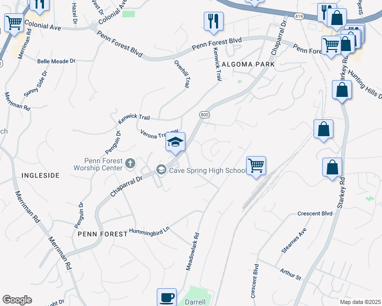 map of restaurants, bars, coffee shops, grocery stores, and more near 2944 Woodthrush Dr in Roanoke