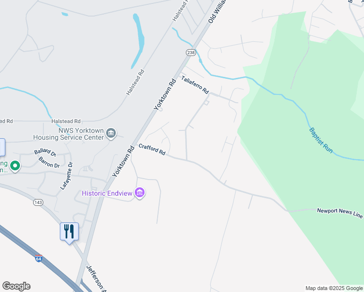 map of restaurants, bars, coffee shops, grocery stores, and more near 517 Taliaferro Road in Newport News