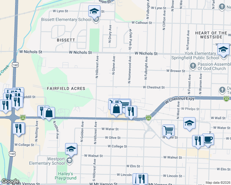 map of restaurants, bars, coffee shops, grocery stores, and more near 636 N Glenn Ave in Springfield