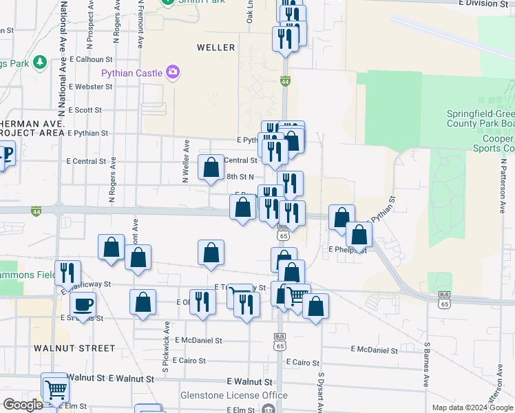 map of restaurants, bars, coffee shops, grocery stores, and more near 1709 East Chestnut Street in Springfield