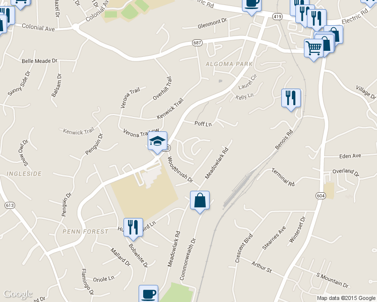 map of restaurants, bars, coffee shops, grocery stores, and more near 3365 Forest Ridge Rd in Roanoke