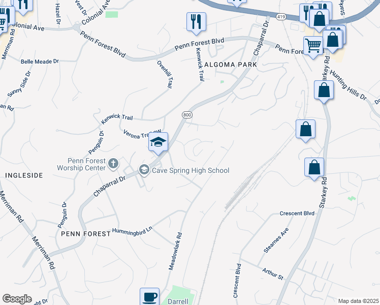 map of restaurants, bars, coffee shops, grocery stores, and more near 2950 Tree Swallow Road in Cave Spring