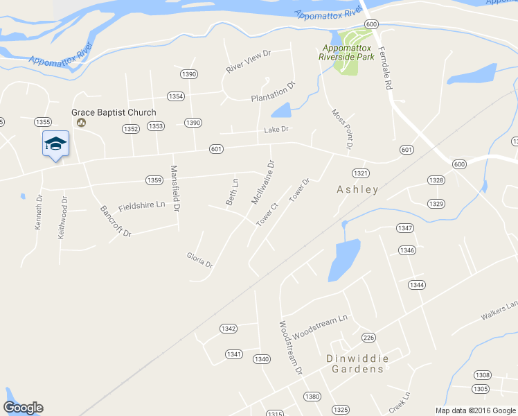 map of restaurants, bars, coffee shops, grocery stores, and more near 4123 McIlwaine Drive in Petersburg